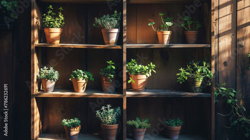 Old wooden shelves painted black with pots of green plants. Gardening concept for storage. Generative AI