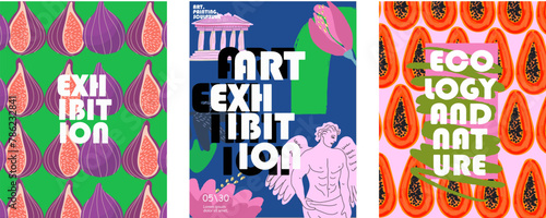 Abstract art posters for art exhibition: music, literature or painting. Vector illustrations of figures, portraits of people, sculptures, papaya halves, figs. © Natalia