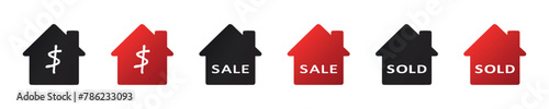Simple symbol sold house. Modern sign sale estate. Residential house icons. Rent home. Property sold icon in vector design style