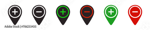 Add a map pin icon. Modern position point plus and minus symbol. Sign navigation marker cross in vector design style