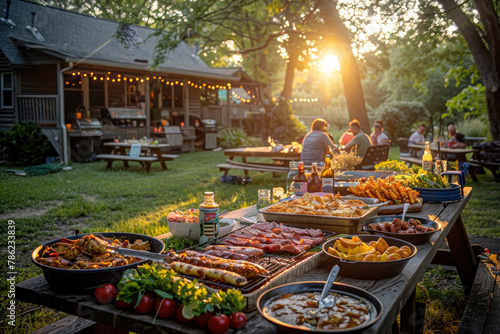 Festive backyard BBQ party with friends and family on Independence Day