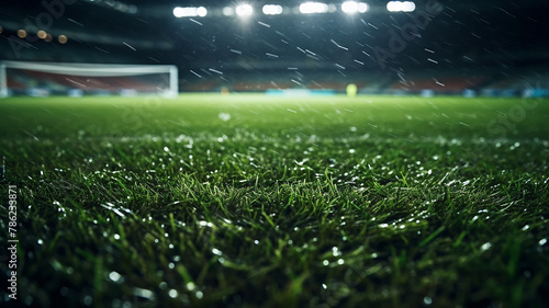 green grass bottom view of a football stadium in the rain © kichigin19