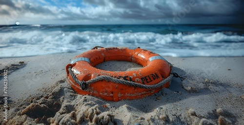 Orange Life Ring with Black "Transportation" Text on Sandy Beach with Waves and Cloudy Sky