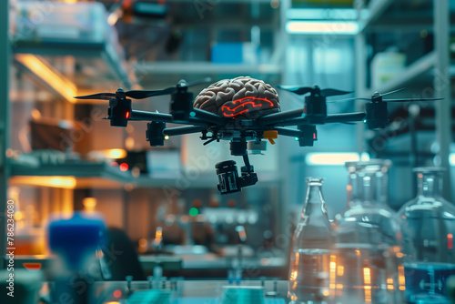 brain-controlled drone hovering in the lab, illustrating the convergence of neuroscience and high-tech innovation in a high-tech style.
