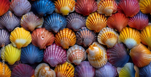 Colorful Seashells in Shades of Blue, Yellow, Orange, and Pink