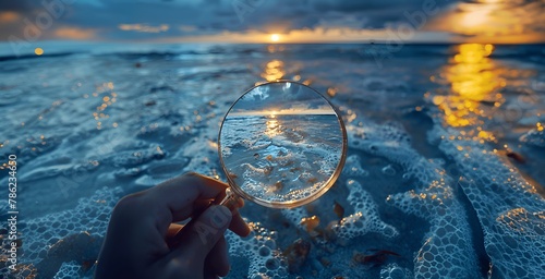 Magnifying Glass Reveals Ocean Bubbles and Ripples at Sunset