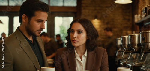 adult man and woman in a cafe, introvert shy or under time pressure, business meeting or work colleagues or couple in free time on lunch break photo