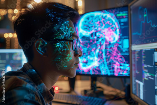 neuroengineer designing neural network algorithms, showcasing the computational aspects of neuroscience and high-tech innovation in a high-tech style.