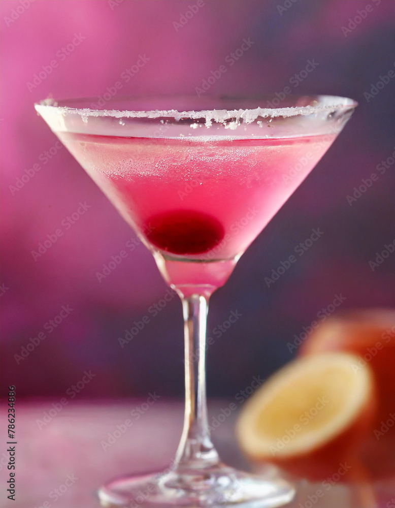 Pink alcohol cocktail with lemon fruit slice, blurred pink background. Bar or restaurant beverage Pink alcohol cocktail with lemon fruit slice, blurred pink background. Bar or restaurant beverage