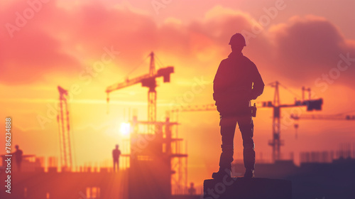 Commanding Progress: Silhouette Engineer Directs Construction Activities on Elevated Terrain, Prioritizing Safety in Heavy Industry, Against a Blurred Sunset Background. photo