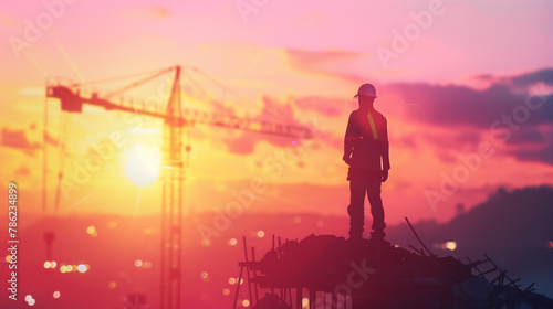 Engineering Leadership: Silhouette Engineer Directing Construction Crews on High Ground, Emphasizing Heavy Industry and Safety Amidst the Pastel Sunset Backdrop.
