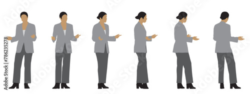 Vector concept conceptual silhouette of a business woman making a presentation from different perspectives isolated on white. A metaphor for confidence, leadership, business, competence,  vision