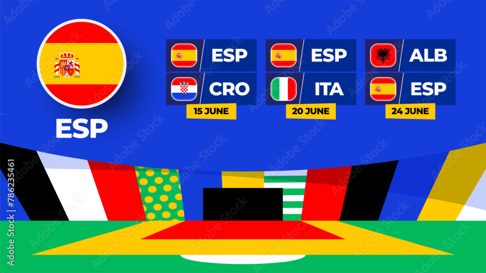 Spain football 2024 match versus set. National euro team flag 2024 and