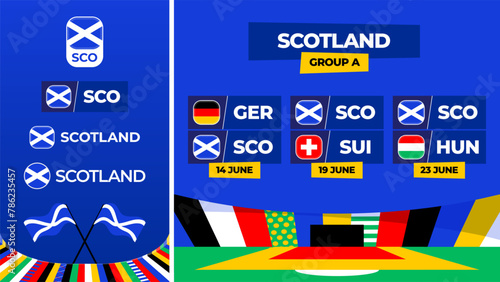 Scotland football 2024 match versus set. National euro team flag 2024 and group stage championship match versus teams.