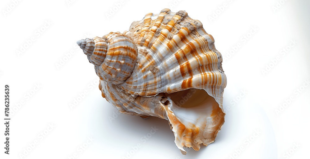 Fototapeta premium Large Brown and White Striped Spiral Seashell on White Background