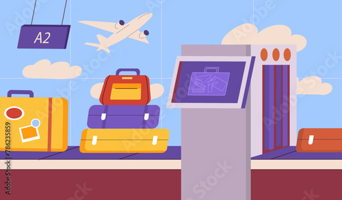 Luggage on a conveyor belt at the airport with a plane in the background, travel concept, blue sky. Cartoon vector illustration