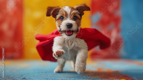 A Fawn Toy Dog wearing a red cape is running excitedly