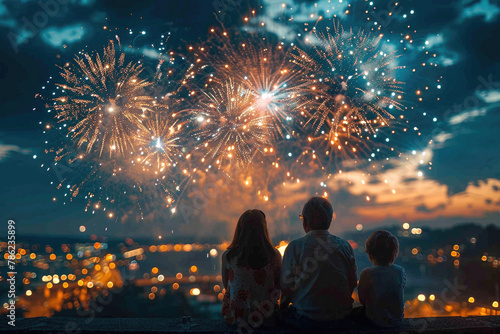 Joyful family watching fireworks together on the 4th of July evening