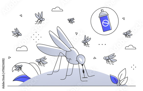 Mosquitoes and a spray can indicating insect repellent, with a simple line art style on a white background with blue accents. Modern flat vector illustration