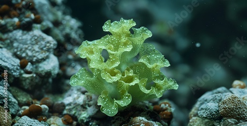 Translucent Green Seaweed with Ruffled Edges on Rocks © monsifdx