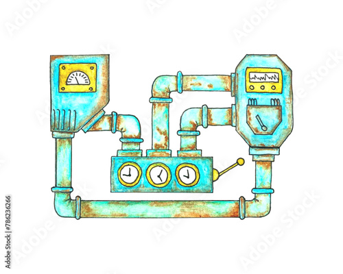 Power machine unit with rusty old dirty pipes in steampunk style, hand drawn watercolor drawing, doodles in steampunk style. Vector trace.