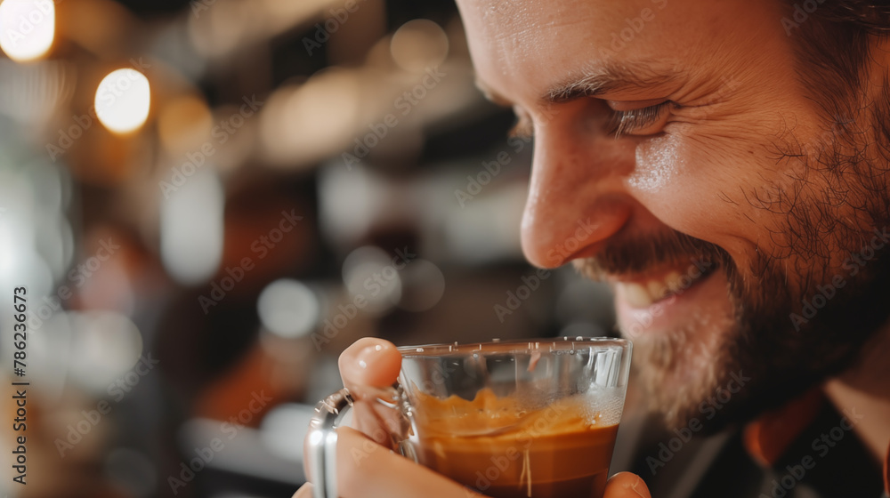 Smiling mature man drinking a coffee in a transparent glass