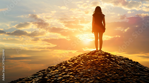 Woman standing on pile of gold on top of a mountain, watching sunset