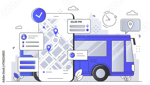 Illustration of mobile tracking interface and bus, modern flat style, simple geometric background, concept of public transport management. Line art style creative modern vector illustration