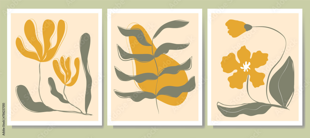 A set of different flowers, twigs, leaves hand-drawn. Set of abstract trendy floral. Modern boho art, minimalist botanical flower for print poster home interior decor. A set of different flowers, twigs, leaves hand-drawn. Set of abstract trendy floral. Modern boho art, minimalist botanical flower for print poster home interior decor.