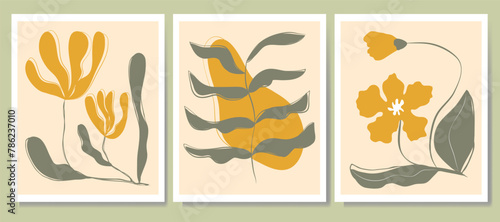 A set of different flowers, twigs, leaves hand-drawn. Set of abstract trendy floral in Matisse style. Modern boho art, minimalist botanical flower for print poster home interior decor.