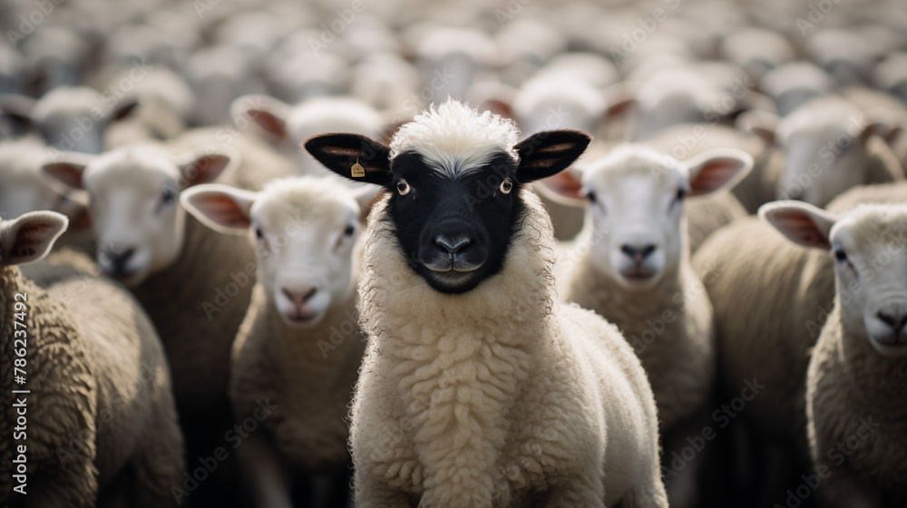 Unique Black Faced Sheep Standing Out in a Crowd of White Sheep Stock ...