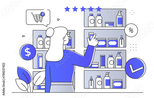 A person shopping for products on shelves, depicted in a line art style on a white background, illustrating the concept of consumer choice. Vector illustration