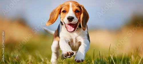 Cheerful beagle dog happily running in the lush green grass field, enjoying playtime outdoors photo