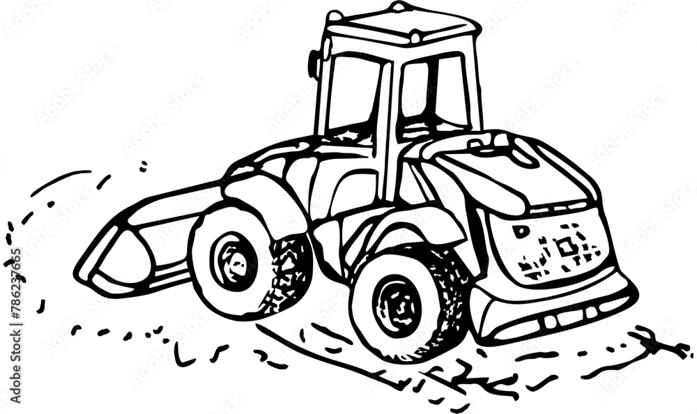 Эскиз абстрактного игрушечного бульдозера, колесного трактора с отвалом, копающего землю, художник #iThyx