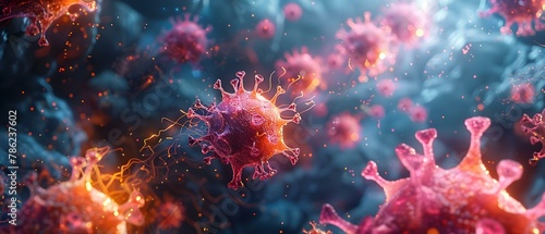 Microscopic Warfare: Viruses Clash Within Us. Concept Disease, Viruses, Microscopic World, Human Body, Immune System