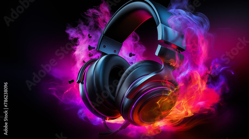 Dynamic Headphones in Black with Fiery Red Swirls and Purple Mist