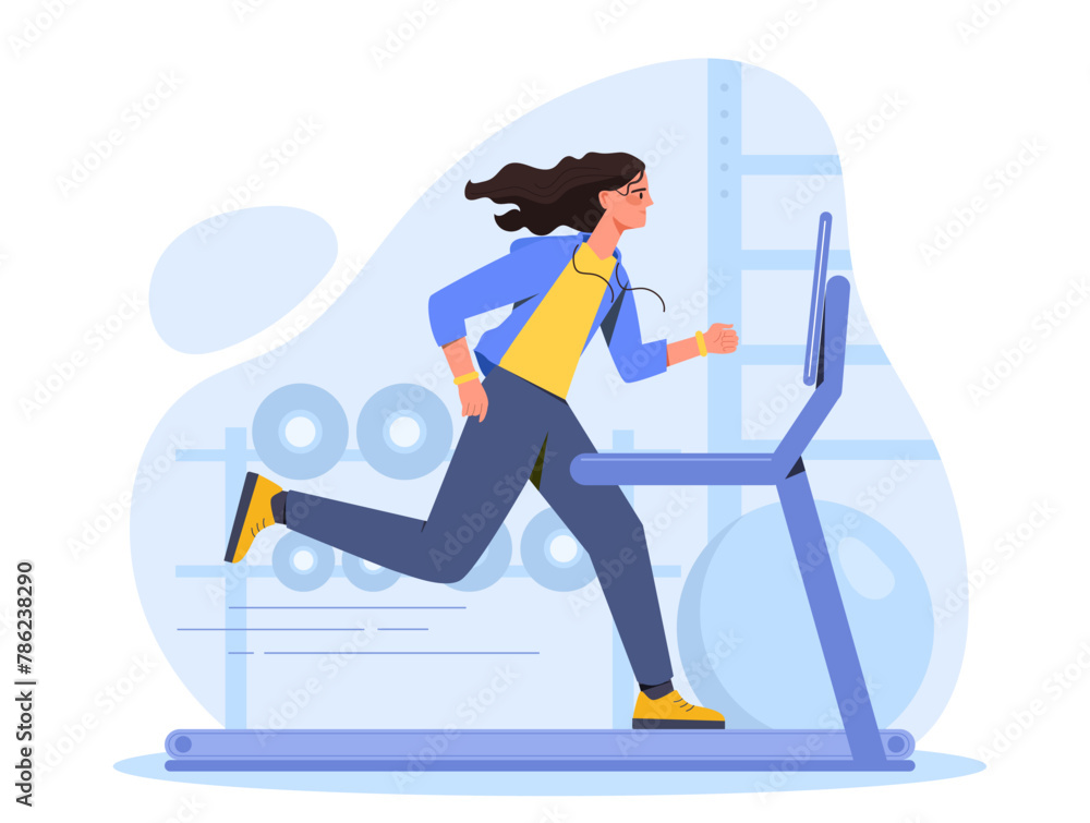 Illustration of a woman running on a treadmill in a gym setting, depicted on a light background, conveying the concept of fitness and exercise. Flat cartoon vector illustration