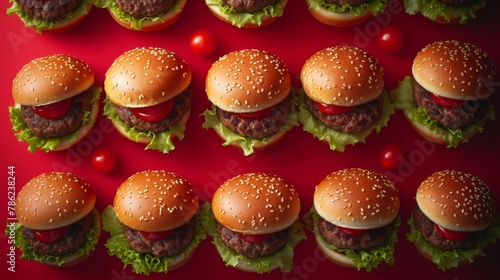 Delicious hamburgers with fresh tomatoes and lettuce arranged in a row on a vibrant red background