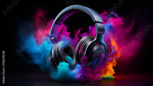 Futuristic Black Headphones with Pink & Blue Smoke