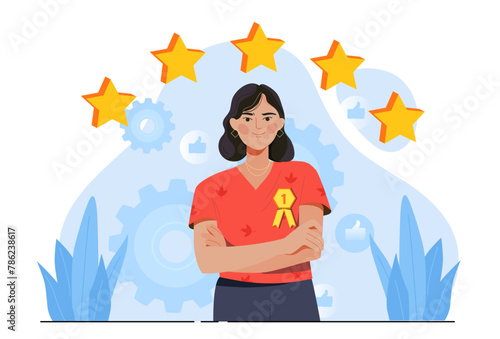 Confident woman with a number one ribbon, stars, and gears on a light background, symbolizing achievement and success. Flat vector illustration