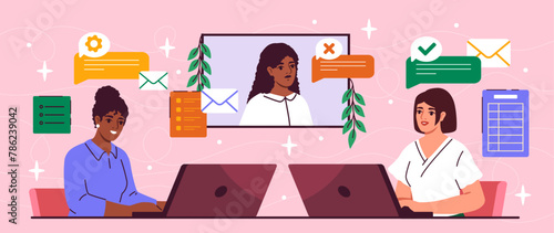 Two animated women engaged in a video call with icons for communication, a pink background, exemplifying remote work. Vector illustration