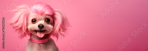 Dog in a hair salon with pink hair. Grooming. Copy space. Pink background