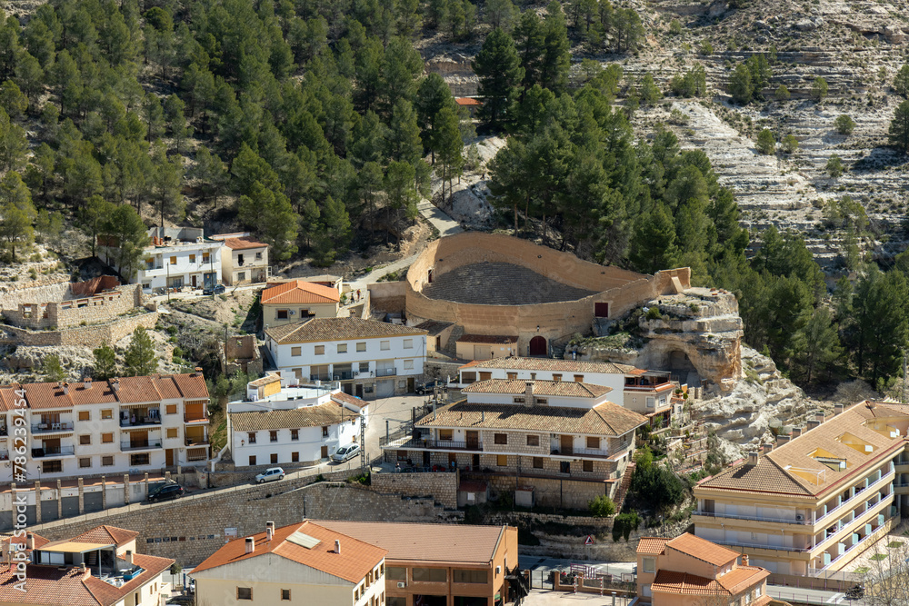 Obraz premium Panoramic view Alcalá del Júcar Bullring, late 19th century, being one of the oldest in Spain, located in La Manchuela Alcalá del Júcar, one of the most beautiful towns