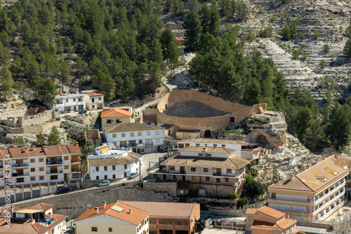 Panoramic view Alcalá del Júcar Bullring, late 19th century, being one of the oldest in Spain, located in La Manchuela Alcalá del Júcar, one of the most beautiful towns