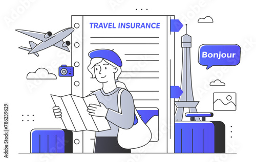 A traveler with a map and suitcase next to travel insurance sign. Travel insurance concept. Line art style flat vector illustration