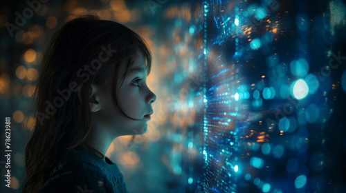 Child in Awe of Sparkling Digital Universe - Curious Young Girl Gazing at Luminous Blue Particle Lights