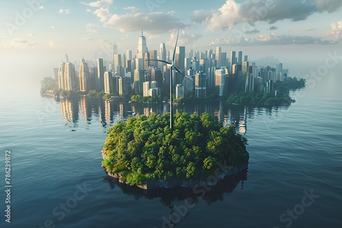 Planet earth with Modern ecological city with wind turbines, alternative energy and ecology