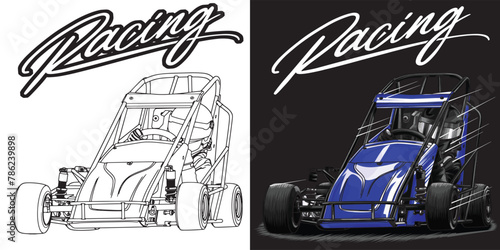 Outline and painted, Go kart. Isolated in black background, for t-shirt design, print, and for business purposes.
