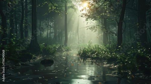 A tranquil forest glen illuminated by the soft glow of morning light, with dew-kissed leaves shimmering in the gentle breeze amidst a symphony of bird song.  photo
