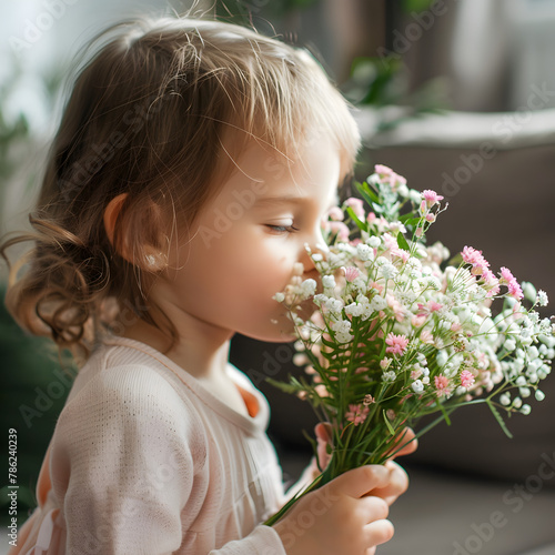 Little cute girl sniffing beautiful Mother's day bouquet. 
